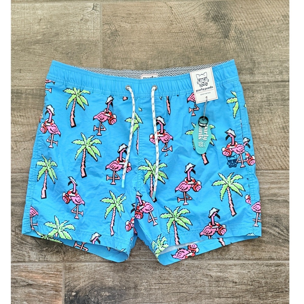 Party Pants Mens Pixel Mingo Print Party Starter 5" Swim Short, Blue Pink,L(NWT)